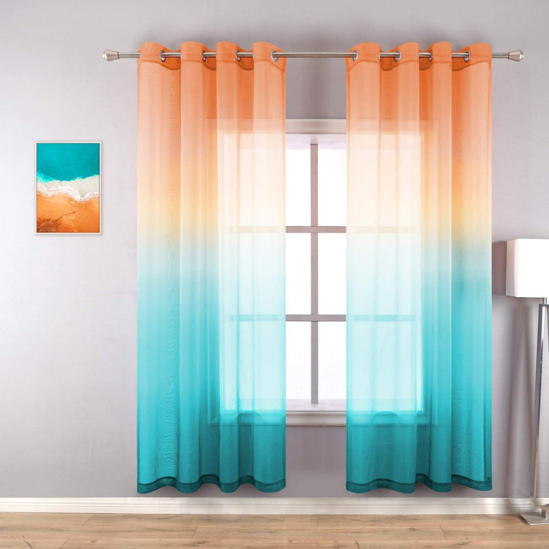 KOUFALL Beach Curtains for Bedroom,Coastal Curtains for Living Room 63 Inch Length 2 Panel Set,Orange and Turquoise/Teal - Image 1